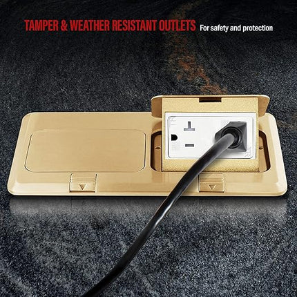 ENERLITES Dual Pop-Up Floor Box Kit, 8.68" X 4.75" Cover, 20A Tamper-Weather Resistant Receptacle Outlets, RJ45 Data Ports, Watertight Gasket, Corrosive Resistant Hardware, Brass (962301-C-D)