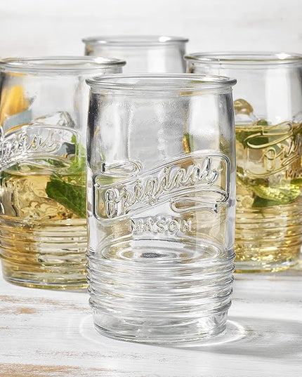 Glaver's Glass Tumbler Drinking Glasses Set of 4 – Genuine Artisan-Made Vintage Italian Original Mason – Elegant 20 Oz Clear Tumbler Glassware Set for Refreshing Drinks, Beverages, Iced Tea.