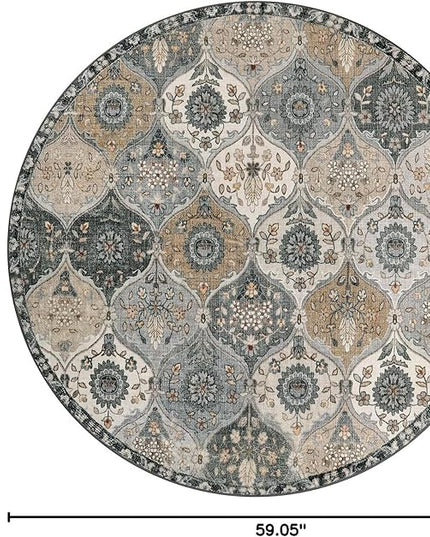 Lahome Moroccan Trellis Washable Circle Rug, Round Rug 5ft Soft Non-Slip, Non-Shedding Distressed Round Carpet for Bedroom Living Room Bathroom Nursery Kitchen, Grey