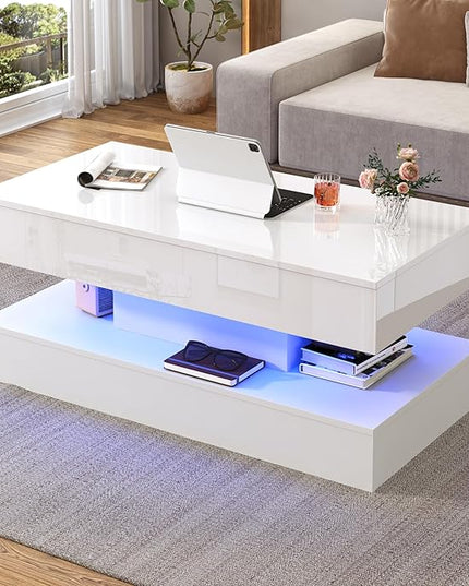 39.4" Large Lift Top Coffee Table,Modern High Glossy LED Coffee Tables for Living Room with Storage,Black Living Room Tables for Living Rooms,Dining Room,Bedroom Home Office,APP LED Lights（White）