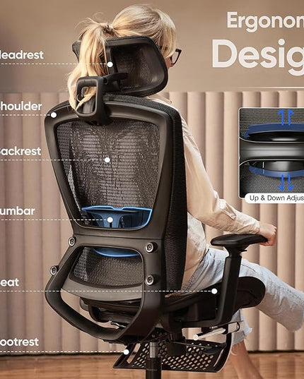 ELABEST T96E Ergonomic Mesh Office Chair with Adjustable Headrest & Footrest,Sturdy Computer Desk Chair - Adjustable Lumbar Support & Armrests,Comfort Wide Seat,Swivel Home Office Chair