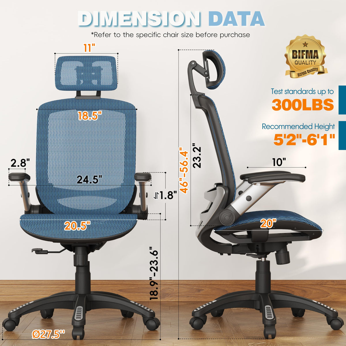 GABRYLLY Ergonomic Office Chair, High Back Home Desk Chair with 2D Flip-Up Arms, 3D Headrest, 90-120° Tilt and Wide Cushion, Big and Tall Mesh Chairs for Man Woman, Blue Computer Task Chair