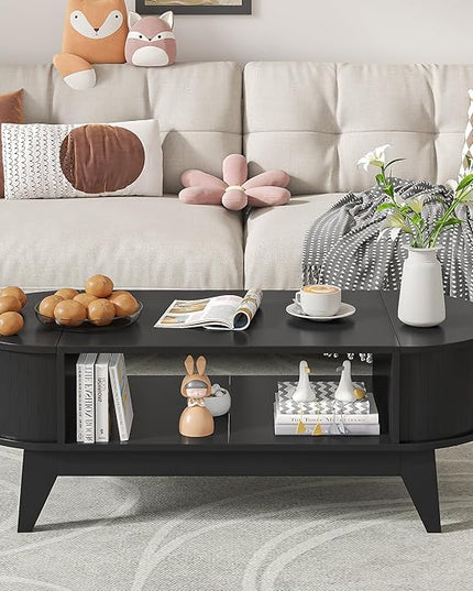 Coffee Table with 2 Hidden Storage,Mid Century Modern Coffee Table with Fluted Finish,Wood Center Tables Oval Coffee Tables with Flip-Top Lids for Living Room Home Office (Black)