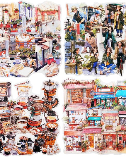 AuriicLeaf Coffee Memories PET Stickers, 120 PCS Vintage Cafe Scene Stickers for Scrapbook, Journals, Planners and DIY Craft Decoration