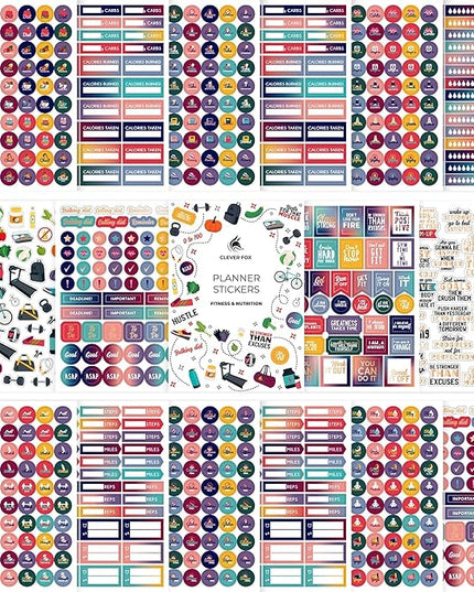 Clever Fox Planner Fitness Sticker Set - Monthly, Weekly & Daily Planner Stickers 16 Sheets Set of 840+ Unique Stickers (Fitness & Nutrition)