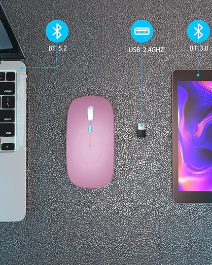 Wireless Bluetooth Mouse Rechargeable Laptop Mice with LED Use Portable(BT5.2 and USB 2.4G) Dual Mode Connection Silent Slim Computer Mouse for Laptop/iPad Tablet/Apple MacBook/PC (Rose Gold)