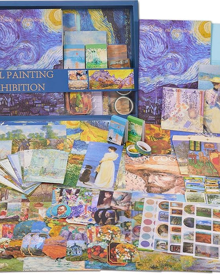 Scrapbooking Supplies Kit Plus 480Pcs, Vintage Van Gogh Oil Painting Aesthetic Scrapbook Kit for Bullet Junk Journal, DIY Journaling Supplies, Stationery, A5 Grid Notebook, Craft Gift Kid Girl