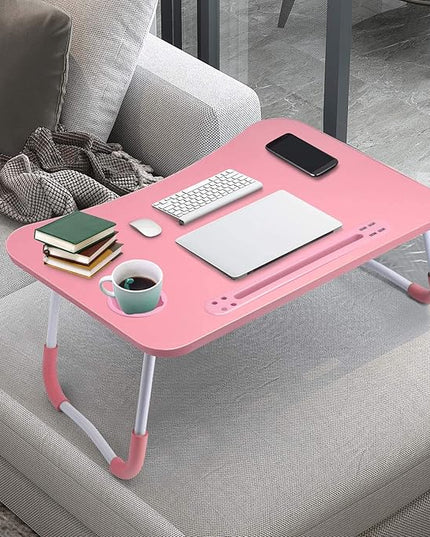 Slendor Lap Desk with Cup Holder, Foldable Laptop Table for Bed, Portable Bed Desk for Laptop and Writing, Computer Tray with Tablet Slot, Notebook Stand Reading Holder for Couch Sofa Floor,Pink