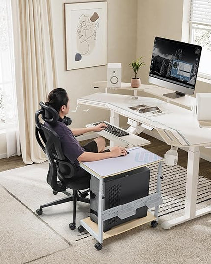 EUREKA ERGONOMIC PC Stand Computer Cart, Height Adjustable Tower Stand 2-Tier Suit for ATX Case Printer, Metal Rolling Cart on Wheels for Gaming Home Office, Maple