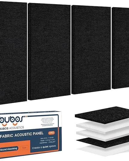 BUBOS 4 PCS Acoustic Panels,23.6''x11.8''Fabric Soundproof Wall Panels,Self-adhesive Sound Absorbing Panels for Studios, Office, Home Theater,Fabric-Clad Matte Black