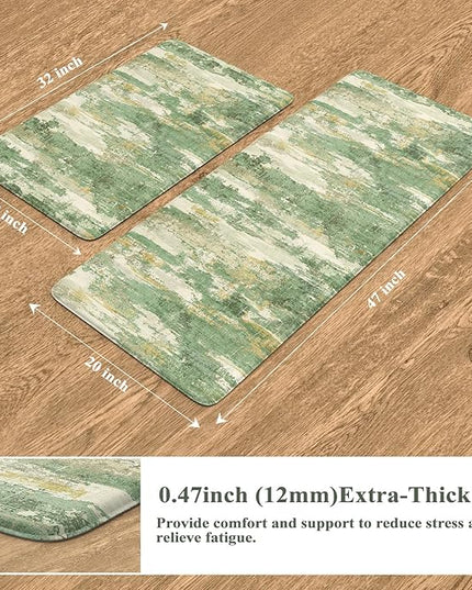 Collive Kitchen Mats for Floor Anti Fatigue, Green Abstract Non Skid Kitchens Sink Rug 2 Piece Waterproof, Memory Foam Comfort Standing Mat for Laundry, Desk, Home Office, 20" x 47" + 20" x 32"