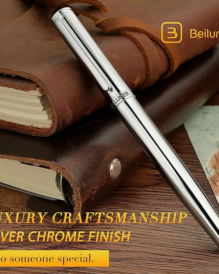 BEILUNER Silver Fountain Pen,Stunning Luxury Pens with Bright Silver Chrome, Gorgeous 24K Gilded Nib(Fine),Gift Pen Set for Men&Women -Ink Converter-Elegant, Professional, Nice Pen for Writing