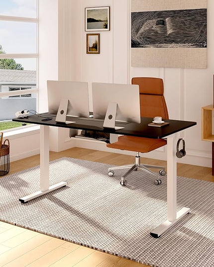 FLEXISPOT EN2 Whole-Piece Standing Desk with Clamp Power Strip, 55 x 28 Electric Stand Up Height Adjustable Desk with Cable Management (White Frame + 55" Black Desktop, 2 Packages)