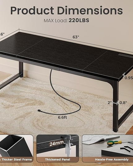 Huuger 63 x 24 inch Desk with Power Outlets & USB-C, Deeper & Thicker Desktop, Robust Metal Tubes, Computer Desk, Heavy Duty Office Desk, Work Gaming Desk, for Home Office, Black