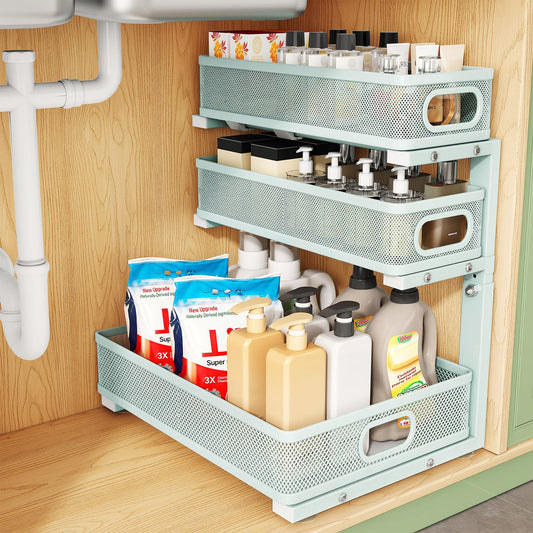 Under Sink Organizer, 1-Pack 3-Tier Height Adjustable Thickened Metal Pull out Cabinet Organizer Shelf, Slide out Storage Drawer Rack for Bathroom Kitchen Pantry Home Organization, LightBlue
