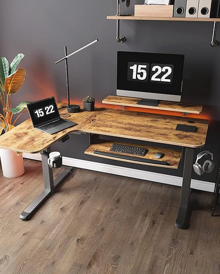 EUREKA ERGONOMIC Standing Desk with Keyboard Tray, Computer Desk, 61" L Shaped Electric Adjustable Height Desk w Monitor Stand LED, Corner Sit Stand Desk Gaming Desk, Dual Motor,Left/Rustic Brown