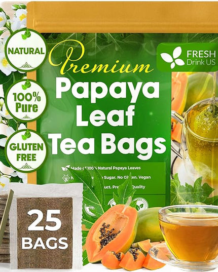 FreshDrinkUS, Premium 25 Papaya Leaf Tea Bags, 100% Natural & Pure from Papaya Leaves. Loose Leaf Herbal Tea. Made with Natural Material Tea Bags. No Sugar, No Caffeine, No Gluten, Vegan.