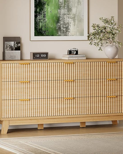 BORNOON 63" Long Dresser for Bedroom, 9-Drawer Fluted Dresser, Extra-Wide Wood Chest of Drawers with Smooth Metal Slides, Stable Base, Modern Clothes Storage Cabinet for Living Room, Hallway, Nursery