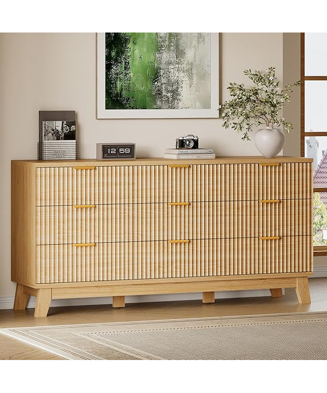 BORNOON 63" Long Dresser for Bedroom, 9-Drawer Fluted Dresser, Extra-Wide Wood Chest of Drawers with Smooth Metal Slides, Stable Base, Modern Clothes Storage Cabinet for Living Room, Hallway, Nursery