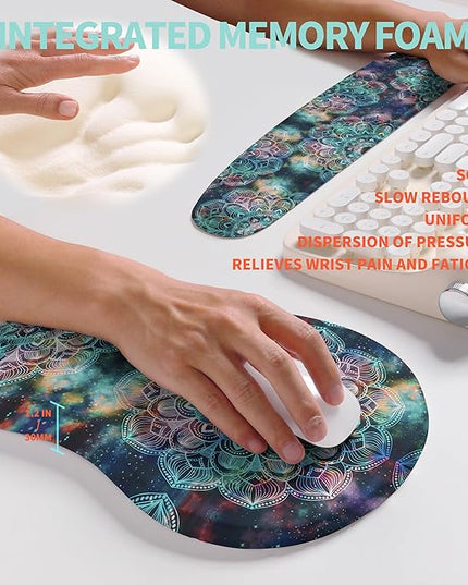 2-in-1 Ergonomic Set, Wave Rise Keyboard Wrist Rest and Massage Bulge Slope Mouse Pad Wrist Support, Cushion Memory Foam Integrated to Relieve Wrist Pain, Galaxy Mandala