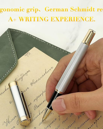 BEILUNER Lighthouse series Rollerball pen, Silver Chrome pen body, exquisite vertical lines, Schneider 850 refill, suitable for men, office, professionals, exquisite and chic designer pen