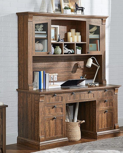 OKD Farmhouse Hutch for 60" Executive Desk, Office Desk Storage Cabinet with Glass Doors and Shelves, Top Hutch Organizer for Home Office - Reclaimed Barnwood