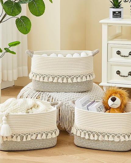 Storage Bins Woven Baskets for Storage Set of 3, Cotton Rope Basket with Handles for Toys/Shelves/Laundry, Rectangle Multi-Purpose Organizer for Living Room, Bedroom, Nursery (White/Beige)