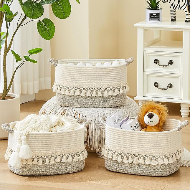 Storage Bins Woven Baskets for Storage Set of 3, Cotton Rope Basket with Handles for Toys/Shelves/Laundry, Rectangle Multi-Purpose Organizer for Living Room, Bedroom, Nursery (White/Beige)