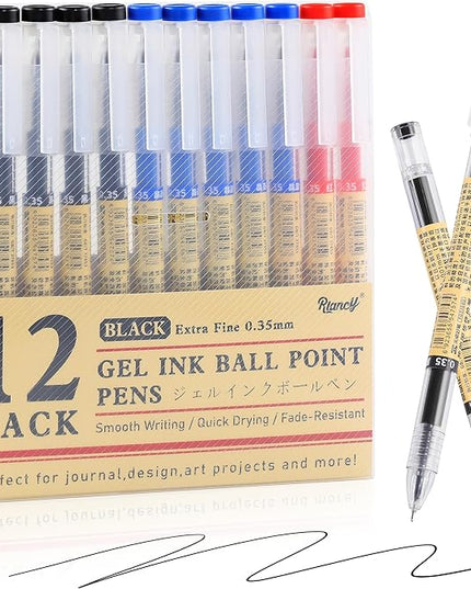 RIANCY Black Blue Red Gel Ink Pens, 0.35mm Extra Fine Point Smooth Writing Rollerball Pens, Japanese Style No Smudge Ballpoint Pen, Quick Drying for Journaling Office School Stationery Supplies 12Pcs