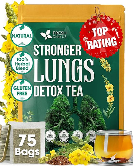 FreshDrinkUS, StrongerLungs 75 Tea Bags - Mullein Leaf, Ginseng, Elderberry, Ginger & Thyme - Supports Lung Cleanse, Congestion Relief & Mucus Detox - Caffeine-Free & All-Natural