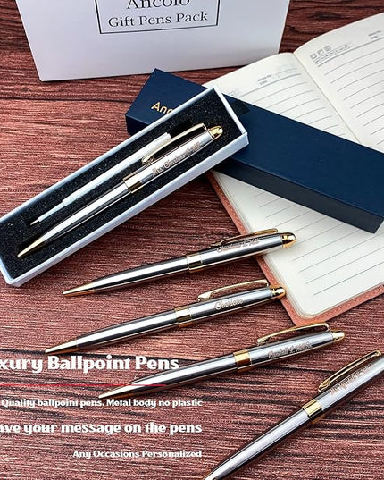 Ancolo Personalized Luxury Ballpoint Pen Writing Set-Stainless Steel Fancy pens Custom with Your Name or Message, Perfect for Students/Teacher/Manager/Lawyer/Professor 5PCS/Pack