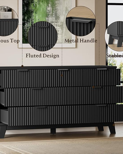 BORNOON 57" Long Dresser for Bedroom, 7-Drawer Fluted Chest, Wide Wood Storage Dresser with Metal Slides and Handles, Stable Base, Modern Clothes Organizer for Primary Suite, Guest Room, Nursery