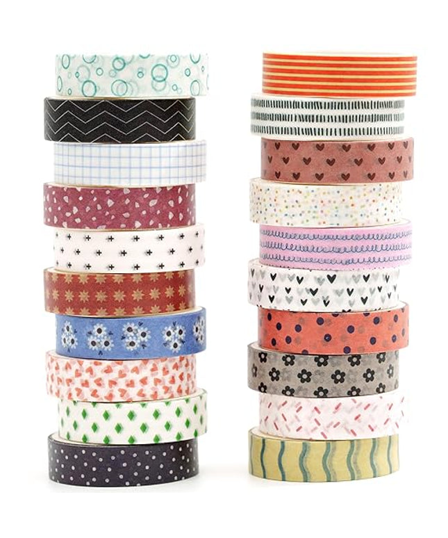 YUBBAEX 20 Rolls Basic Patterns Washi Tape Set Skinny Masking Creative Decorative Tapes, Designer's Selection (Collection 1-Vibrancy)