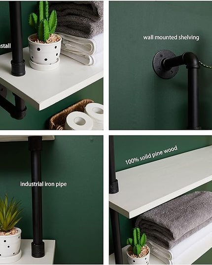 Industrial Pipe Shelving Rustic White Pipe Wall Shelves Industrial Shelves with Wood Planks Floating Shelves 48 Inch Farmhouse Bathroom,Kitchen Shelving Wall Mounted