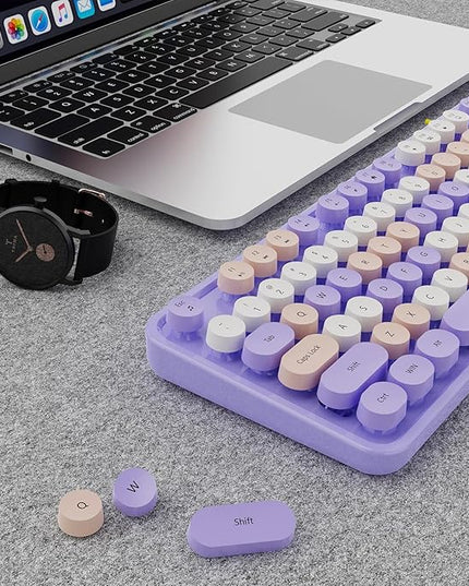 Wireless Keyboard and Mouse Combo, Ergonomic Full Size Typewriter Retro Round Keycaps Keyboard, Compatible with Windows, PC, Perfer for Home and Office Keyboards (Purple