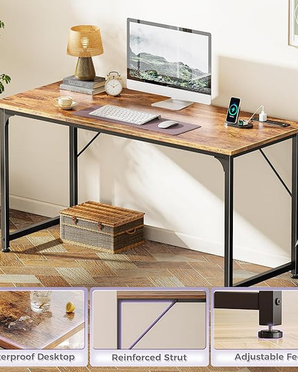 PRAISUN 54 X 20 Inch Office Computer Desk with Power Outlets and USB-C Port, Larger and Longer Gaming Desk, for Home Office, Study, Bedroom, Writing Work from Home Table, Metal Frame, Rustic Brown