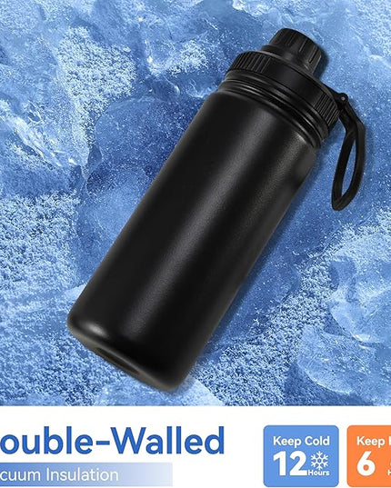 DOMICARE 16 oz Kids Water Bottle for School Stainless Steel Double Wall Vacuum Insulated Water Bottle with Straw lids & Spout Lid, Leakproof BPA Free （Black,4）