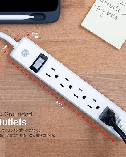 GE 6-Outlet Power Strip, 8 Ft Extension Cord, Heavy Duty Plug, Grounded, Integrated Circuit Breaker, 3-Prong, Wall Mount, ETL Listed, White, 67122