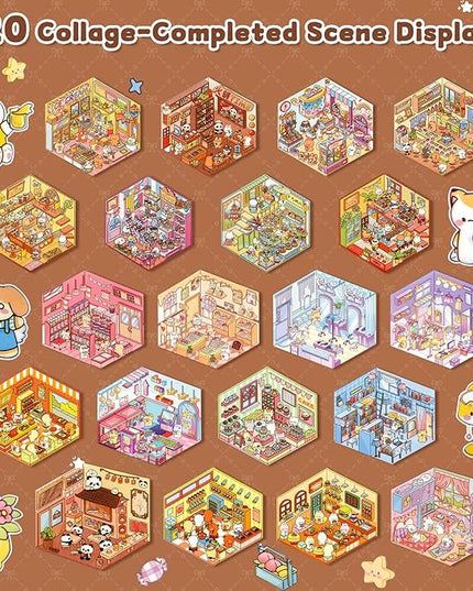ASTARON 20 Sets DIY 3D Sticker Scene Book Sticker Therapy for Adults, Make Your Own Mini Cozy Shop House Room Stickers Cute Cartoon Miniature Stickers for Girls, Relief Stress Pass The Time