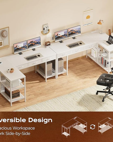 PRAISUN 55 Inch L Shaped Office Desk with Power Outlets and Type-C Port, Large Computer Gaming Desk with 3 Fabric Drawers, Mesh Shelves, Corner Study Work Writing Desk, White