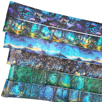 AuriicLeaf Night Forest Seamless Washi Tape Scrapbook Kit – 6 Rolls with Starry Sky, Fairy Woods & Twilight Designs for Journaling, DIY Crafts, Gift Wrapping, Card Making, Decoration, 3.15in Wide