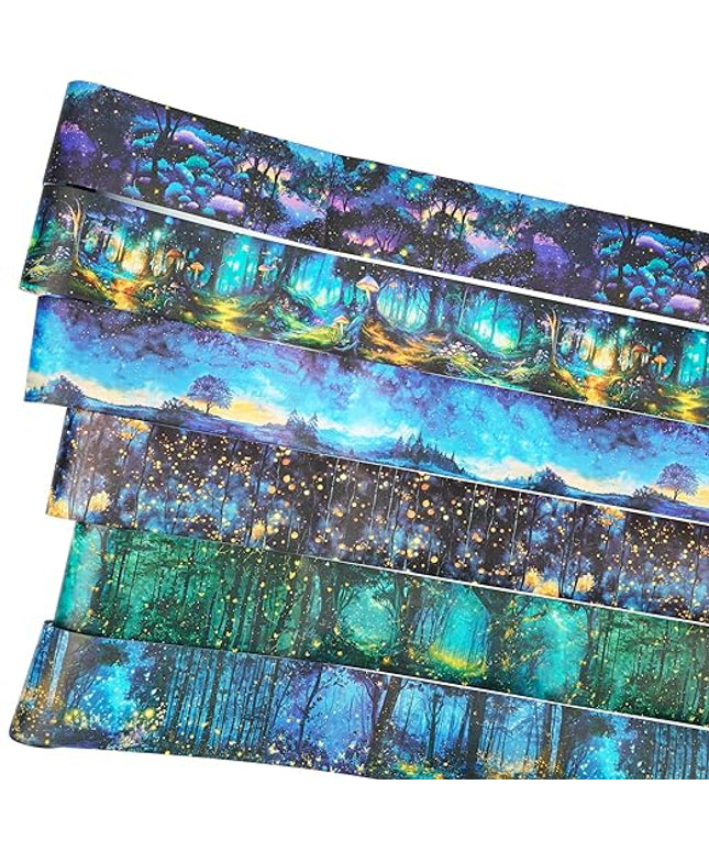 AuriicLeaf Night Forest Seamless Washi Tape Scrapbook Kit – 6 Rolls with Starry Sky, Fairy Woods & Twilight Designs for Journaling, DIY Crafts, Gift Wrapping, Card Making, Decoration, 3.15in Wide