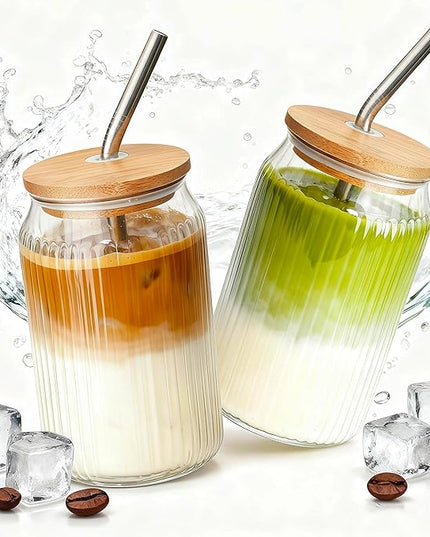 2 Packs Ribbed Glass Tumbler with Lid and Straw 16 oz Vintage Ice Coffee Cup Set Bulk Simple Smoothie Juice Matcha Tea Water Slushie Clear Hot Drink Glasses Travel Mug Modern Kitchen Glassware