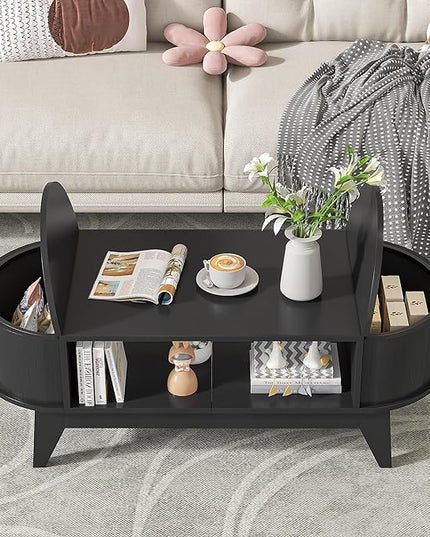 Coffee Table with 2 Hidden Storage,Mid Century Modern Coffee Table with Fluted Finish,Wood Center Tables Oval Coffee Tables with Flip-Top Lids for Living Room Home Office (Black)