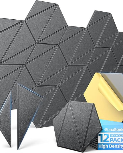 12 Pack Acoustic Panels with Self-Adhesive 12"X10"X0.4" Sound Proof Foam Panels for Walls, High Density Soundproof Wall Panels, Z-Line Hexagon Sound Dampening Panels for Home Studio Decor Office-Black