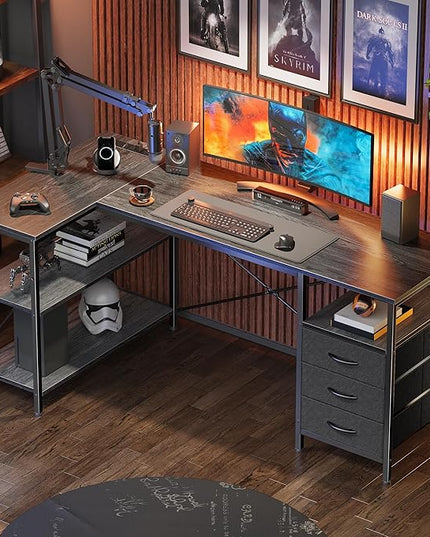 Huuger L Shaped Office Desk with Power Outlets, 55 Inch Computer Desk with 3 Drawers, Shelves, Reverisble for Gaming Corner Work Home Office Study, Grey