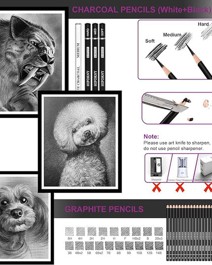 HIFORNY 58 PCS Drawing Kit Sketching Pencil Set,Sketch Pencils Art Supplies with 3-Color Sketchbook,Graphite,Charcoal,Blending Tools,Drawing Pencils for Adults Artists