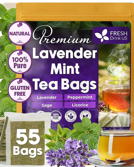 FreshDrinkUS, Premium 55 Tea Bags Lavender Mint Tea, 100% Natural, Blend of Lavender, Peppermint, Sage and Licorice. Made with Natural Material Tea Bags. No Sugar, No Caffeine, Vegan.