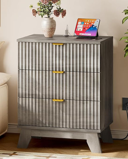 BORNOON 30.5" Nightstand with Charging Station, 3-Drawer Fluted Bedroom Chest, Wood Bedside Dresser with Power Outlets and USB Ports, Metal Slides, Stable Base, Modern Storage Cabinet for Small Spaces