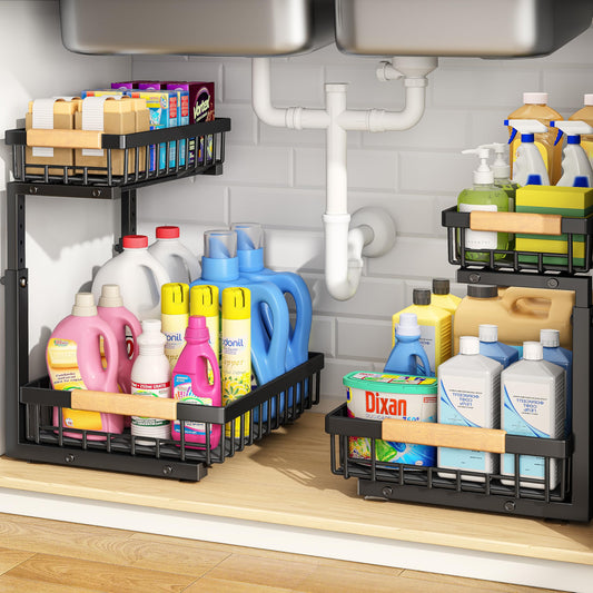 PXRACK Under Sink Organizer, Adjustable Height, 2 Tier Pull Out Under Cabinet Organizer, Slide Out Thickened Metal Under Sink Storage for Kitchen Bathroom Laundry Pantry Cabinet, Black, Small-2-Pack